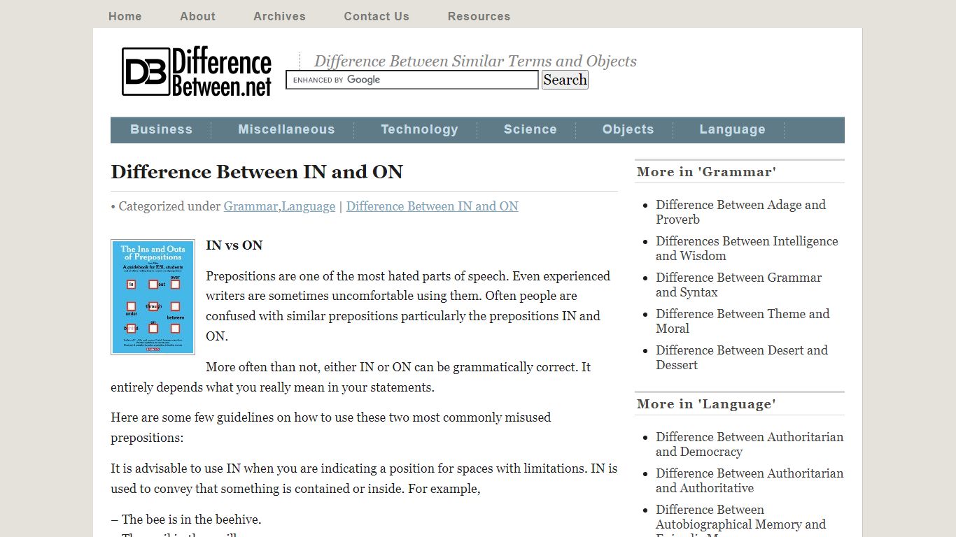 Difference Between IN and ON | Difference Between